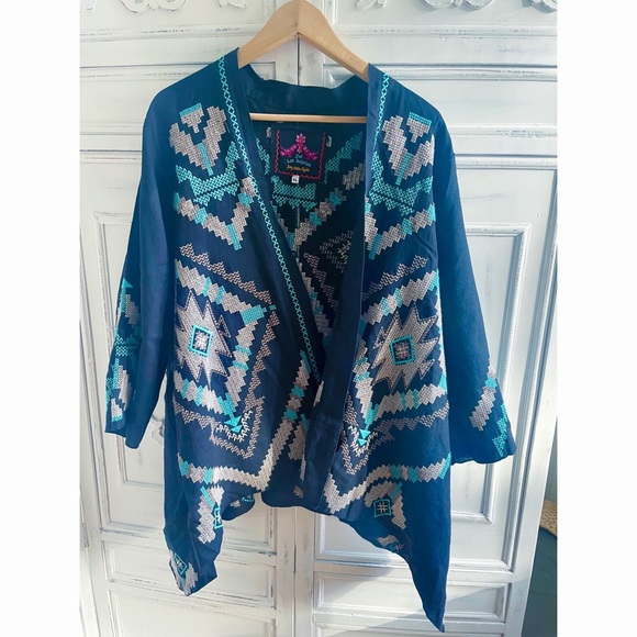 NWOT Johnny Was Linen Embroidered Aztec Kimono Black, Tan & Aqua - Picture 11 of 15
